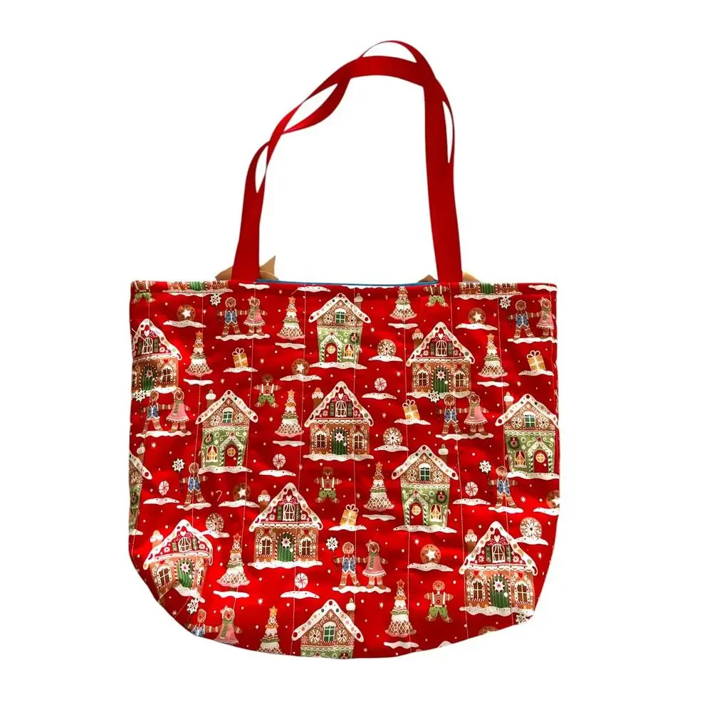 Handmade Womens Christmas Tote Bag Gingerbread House Red Holidays Gift